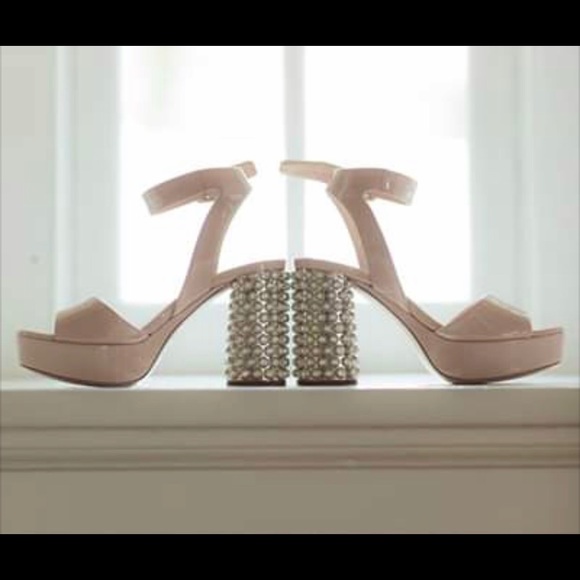 Miu Miu Shoes - Miu Miu Jeweled Heel Ankle Strap Platforms in Nude